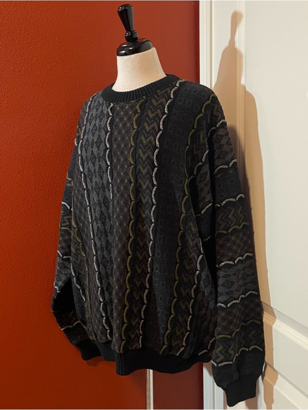 Vintage Tundra For Bachrach Men’s 3D Eclectic Grampacore Y2K Knit Crew Sweater